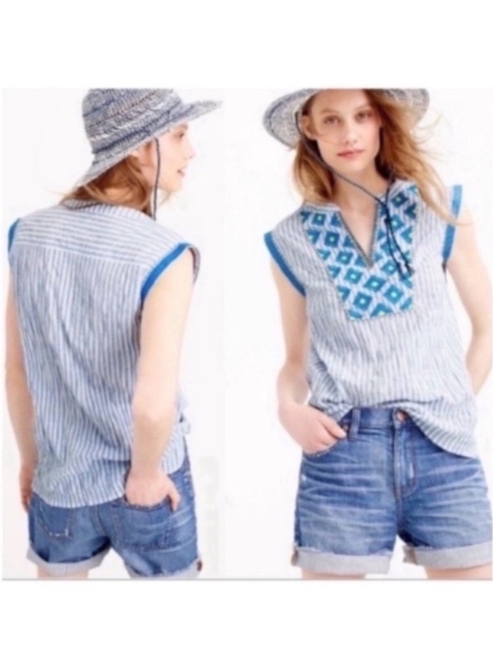 J. Crew Blue Embroidered Medallion Striped Sleeveless Cotton Top Coastal size 0